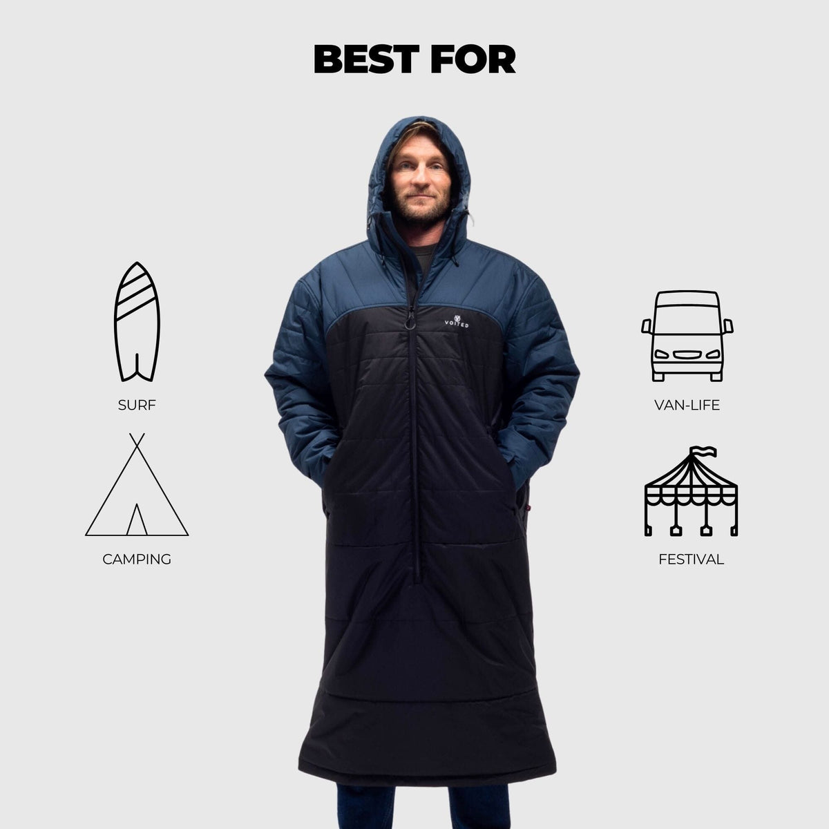 VOITED Premium Slumber Jacket for Camping, Vanlife & Indoor - Navy / Black / Navy Blankets VOITED