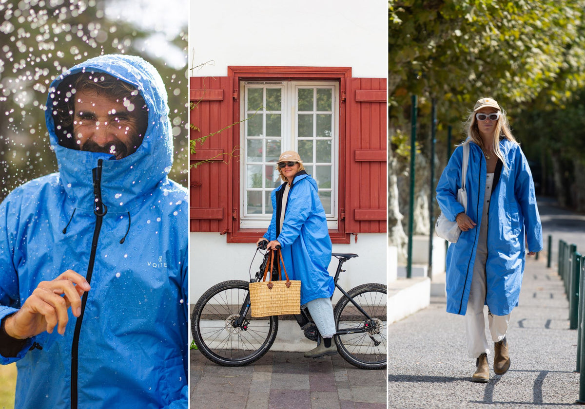 A three-panel collage showing a woman wearing a bright blue hooded Allweather coat in different outdoor settings: snow falling in the left panel, standing by a bicycle in the middle panel, and walking on a tree-lined path in the right panel.