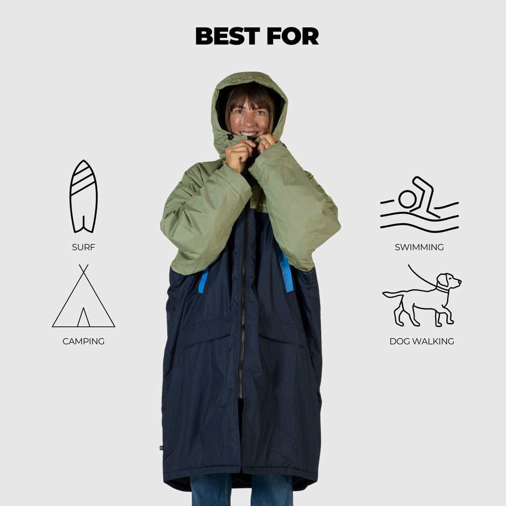 
VOITED 3e Édition Manteau de Changement Extérieur & Drycoat pour le Surf, le Camping, la Vie en Van & la Natation en Eau Libre - Bleu Océan/Olive
