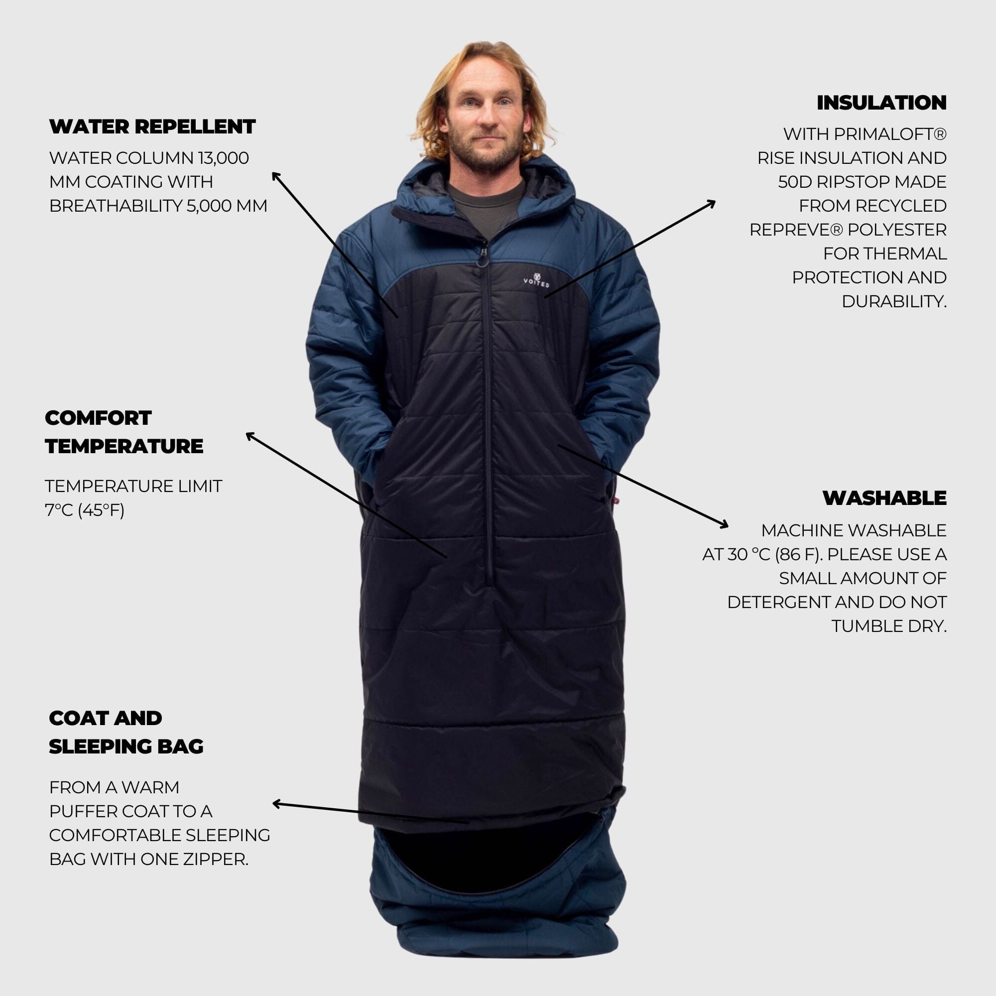 VOITED Wearable Blanket Coat & Sleeping Bag in One - Navy / Black
